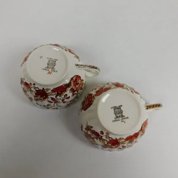 Lot of 2 Spode Indian Tree Tea Cup Saucer Set Scalloped Orange Old Backstamp Vtg - Picture 11 of 12